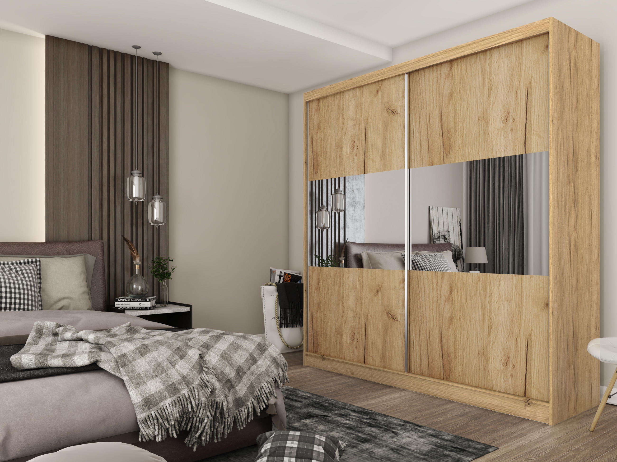 SCHWEBETÜRENSCHRANK ROSALIA 200/216/61 cm 2-türig mit Spiegel Eiche Artisan - Eiche Artisan, Holzwerkstoff (200/216/61cm) - MASSENO