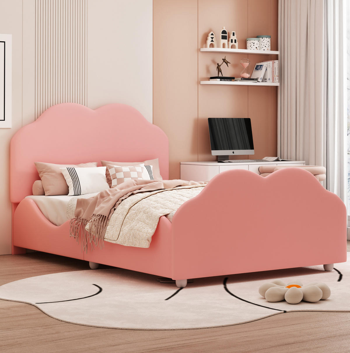 POLSTERBETT 90/200 cm rosa hohes Geländer-Kinderbett mit Wolkenkopf- und Fußteil - Pink, Textil (90/200cm) - OKWISH