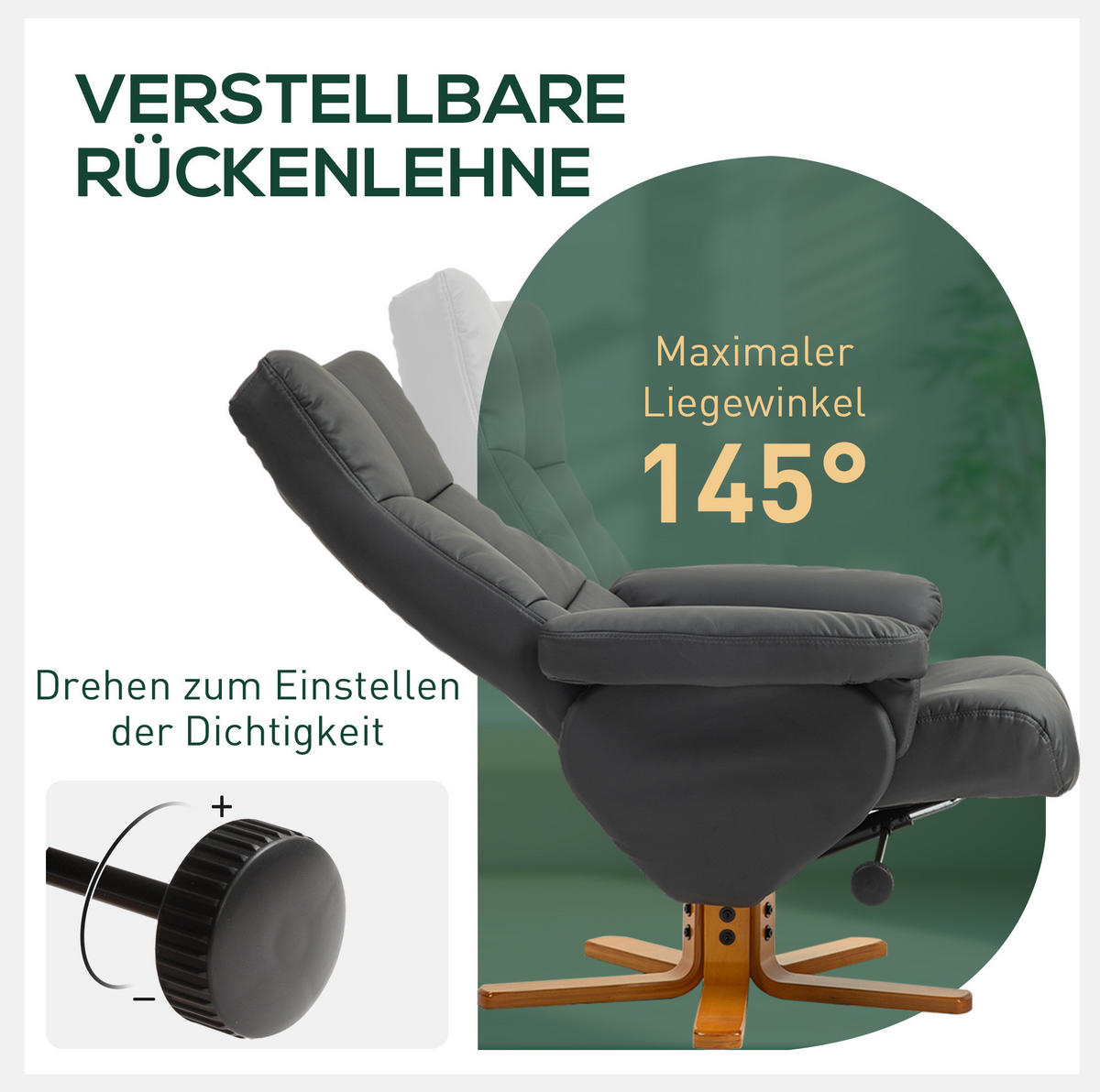 RELAXSESSEL 80/99/86 cm Dunkelgrau aus Holz mit Hocker und Liegefunktion - Dunkelgrau, Holz (86/99/80cm) - OKMYHOME