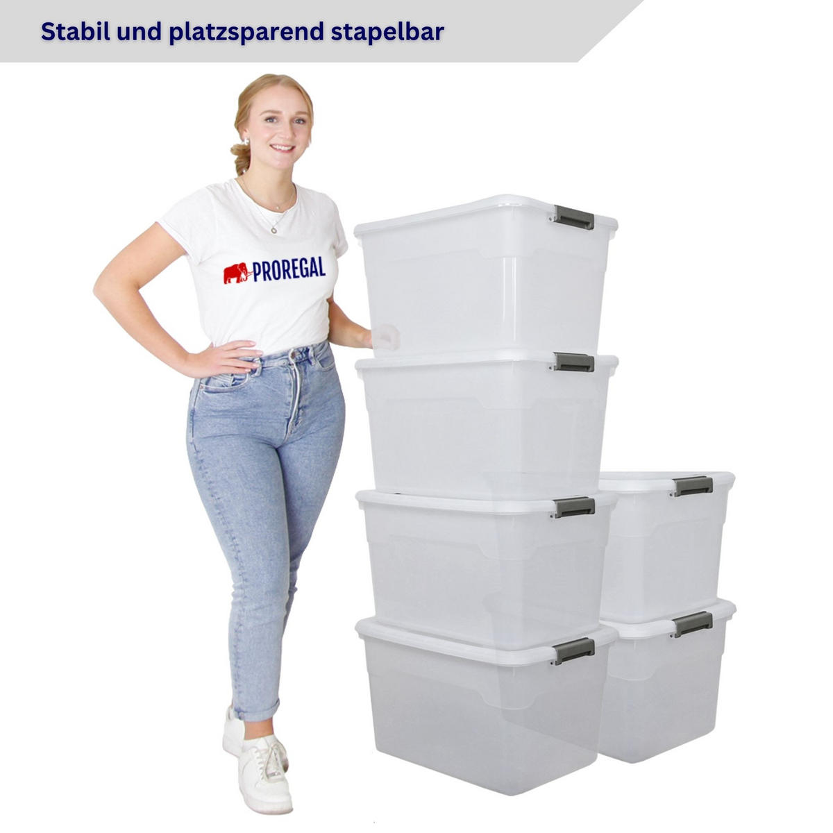AUFBEWAHRUNGSBOX mit Deckel 60L im 6er Set Extra Groß Rollen transparent stapelbar - Transparent, Kunststoff (58/34/43cm) - PROREGAL