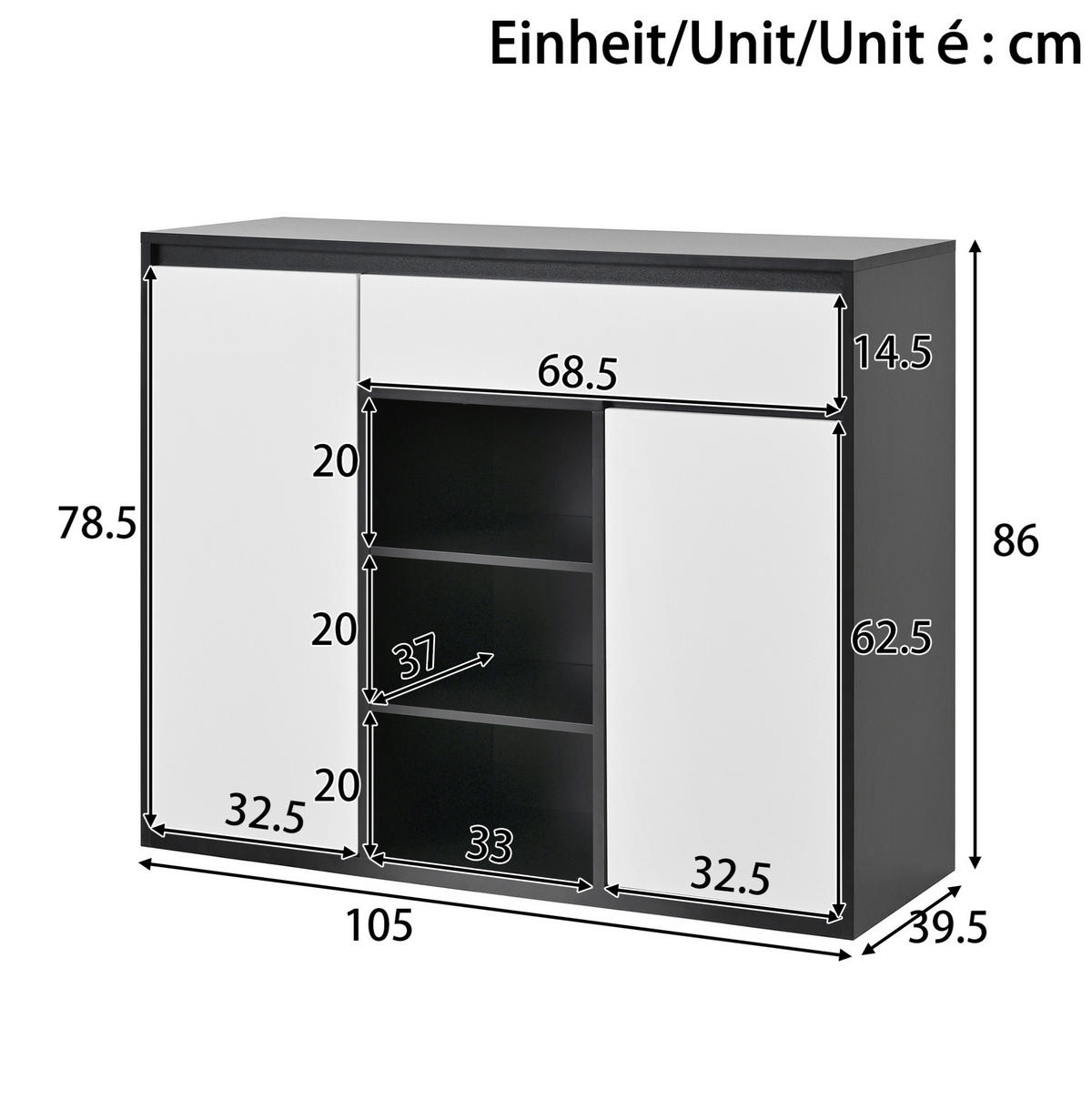 SCHUHSCHRANK 105/39,5/86 cm mit 2 Türen, Schublade und LED in Schwarz-Weiß - Schwarz, Holzwerkstoff (105/86/39.5cm) - BEAOK
