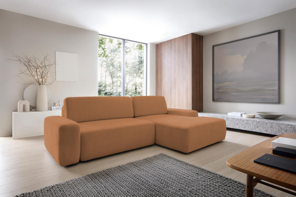 ECKSOFA BOULI 4-Sitzer Polstersofa Raven mit Schlaffunktion 130x210 cm Bettzeugablage 264x162x82 cm rechts, Farbe: Orange​ - Orange, Holz/Textil (264/162cm) - DomoHome