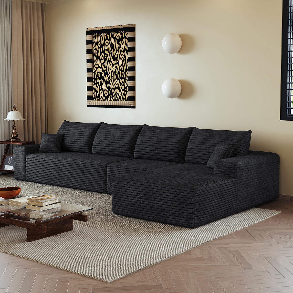 ECKSOFA 340/175/83 cm Schwarz mit L-förmiger Chaiselongue, Rechte Seite - Schwarz, Textil (340/175cm) - Oxeza