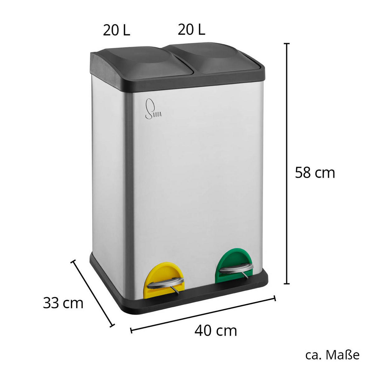 MÜLLEIMER TC2X20 Küchen-Eimer 40Liter Fassungsvermögen 2x20L Abfalleimer 2er-Mülleimer - Silberfarben, Metall (40/58/33cm) - SVITA