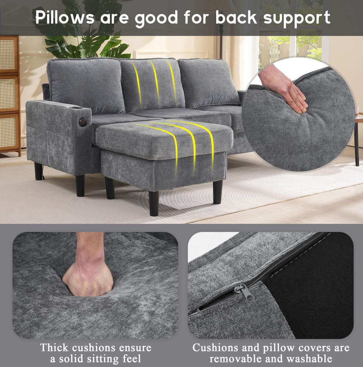 ECKSOFA 202/137/80 cm Grau aus Leinen mit USB und Typ-C - Grau, Textil (137/202cm) - OKMYHOME