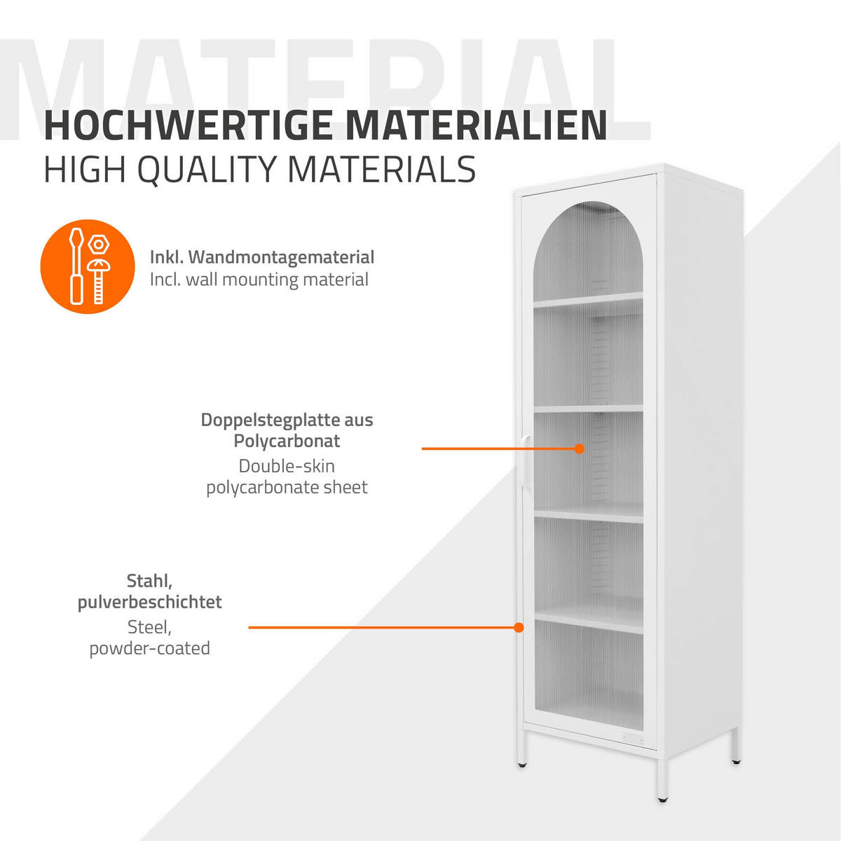 VITRINENSCHRANK 45x145x35 cm Weiß aus Stahl - Weiß, Metall (45/145/35cm) - ML-DESIGN
