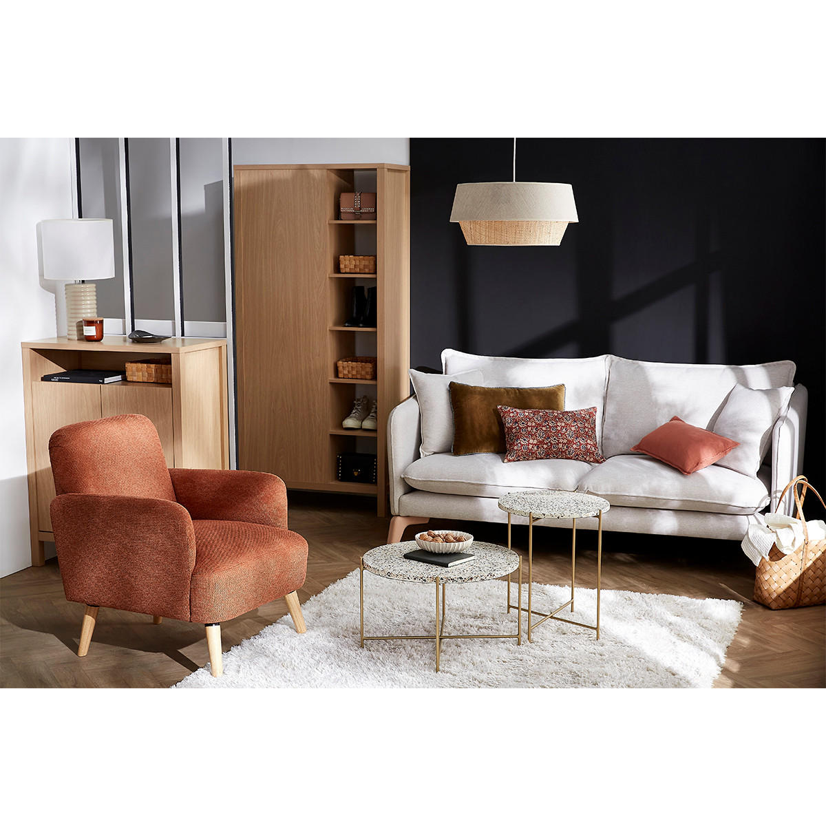 SESSEL skandinavisch Dunkelgrau Stoff Samteffekt helles Holz ISKO - Dunkelgrau, Textil (75.5/82/63cm) - Miliboo