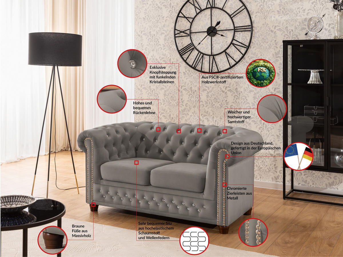 CHESTERFIELD-SOFA 2-sitzer Cleo Blink Grau Samt mit Kristallsteppung und braunen Massivholzfüßen - Braun/Grau, Holz/Textil (148/72/86cm) - S-Style Möbel
