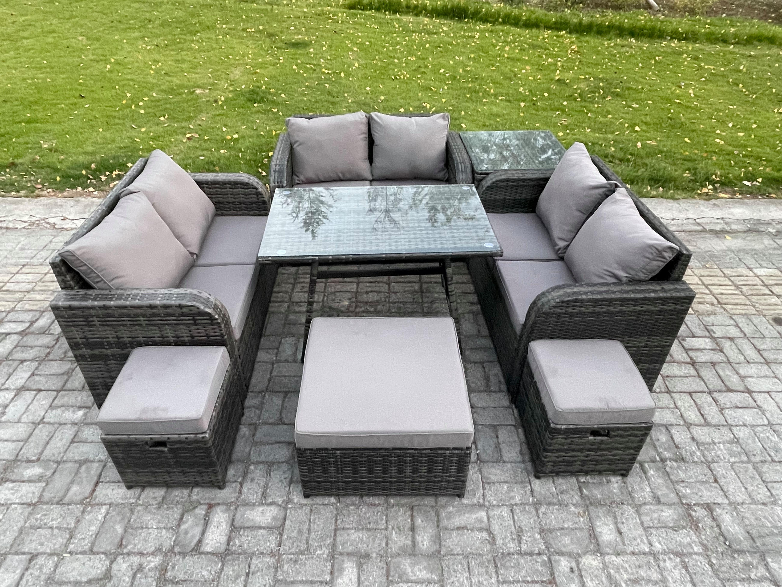 GARTENMÖBELSET mit ESSTISCH,SOFA Polyrattan 9-Sitzer - Dunkelgrau/Grau, Glas/Kunststoff - Fimous