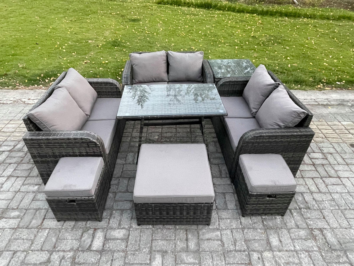 GARTENMÖBELSET mit ESSTISCH,SOFA Polyrattan 9-Sitzer - Dunkelgrau/Grau, Glas/Kunststoff - Fimous