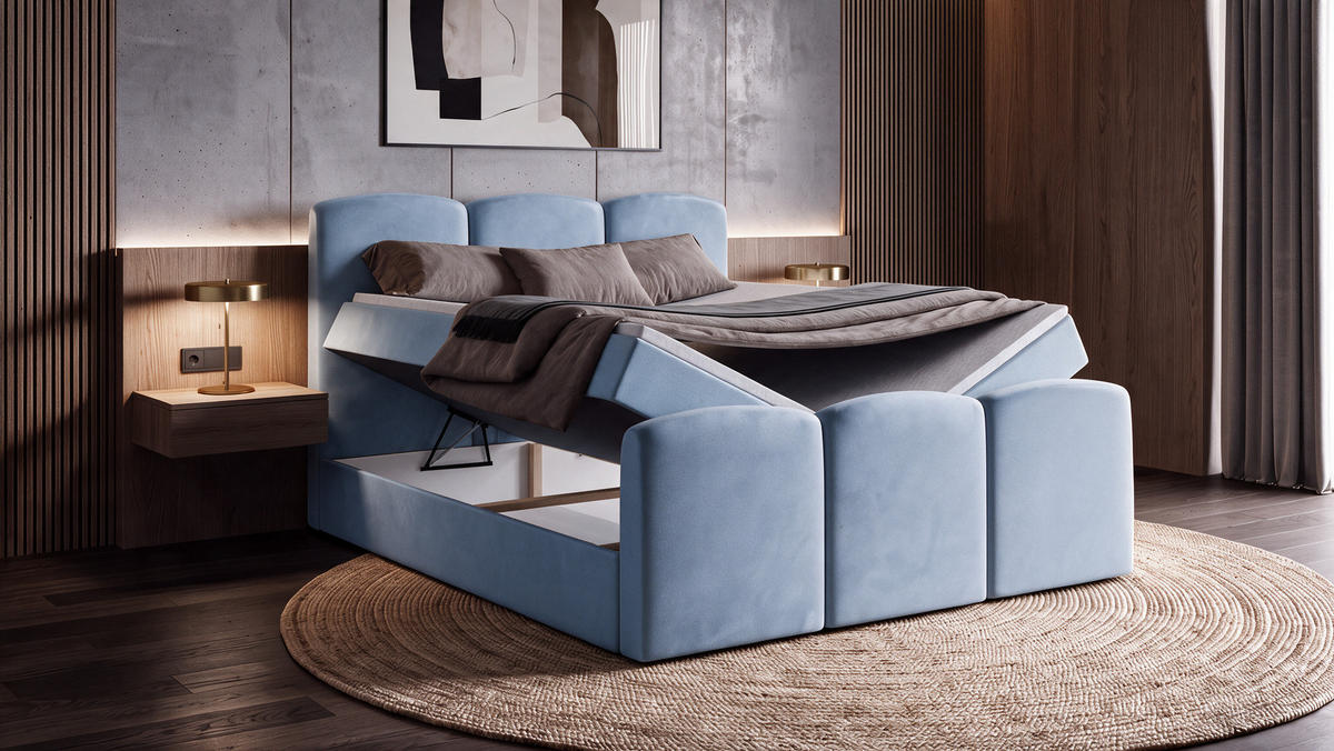 BOXBETT SAVIO 180x200 cm mit Bettkasten, Bonell-Matratze H3 und Topper – Samt Hellblau - Hellblau, Textil (180/200cm) - Luxkor24