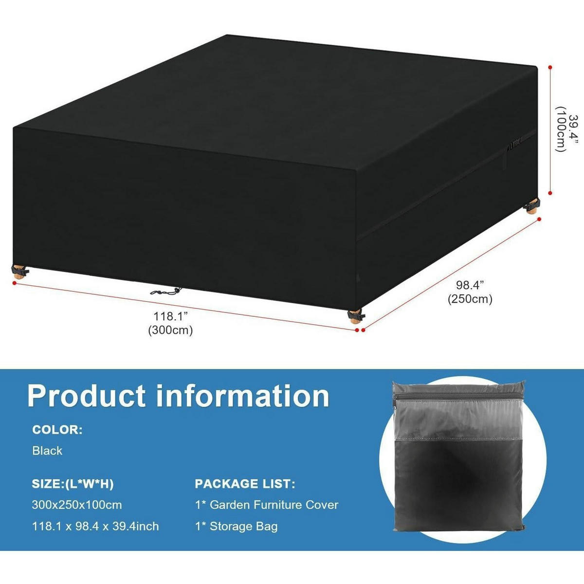 ABDECKUNG Gartenmöbel 300x250x100cm Wasserdicht 420D Oxford - Schwarz, Kunststoff (1/1/1cm)