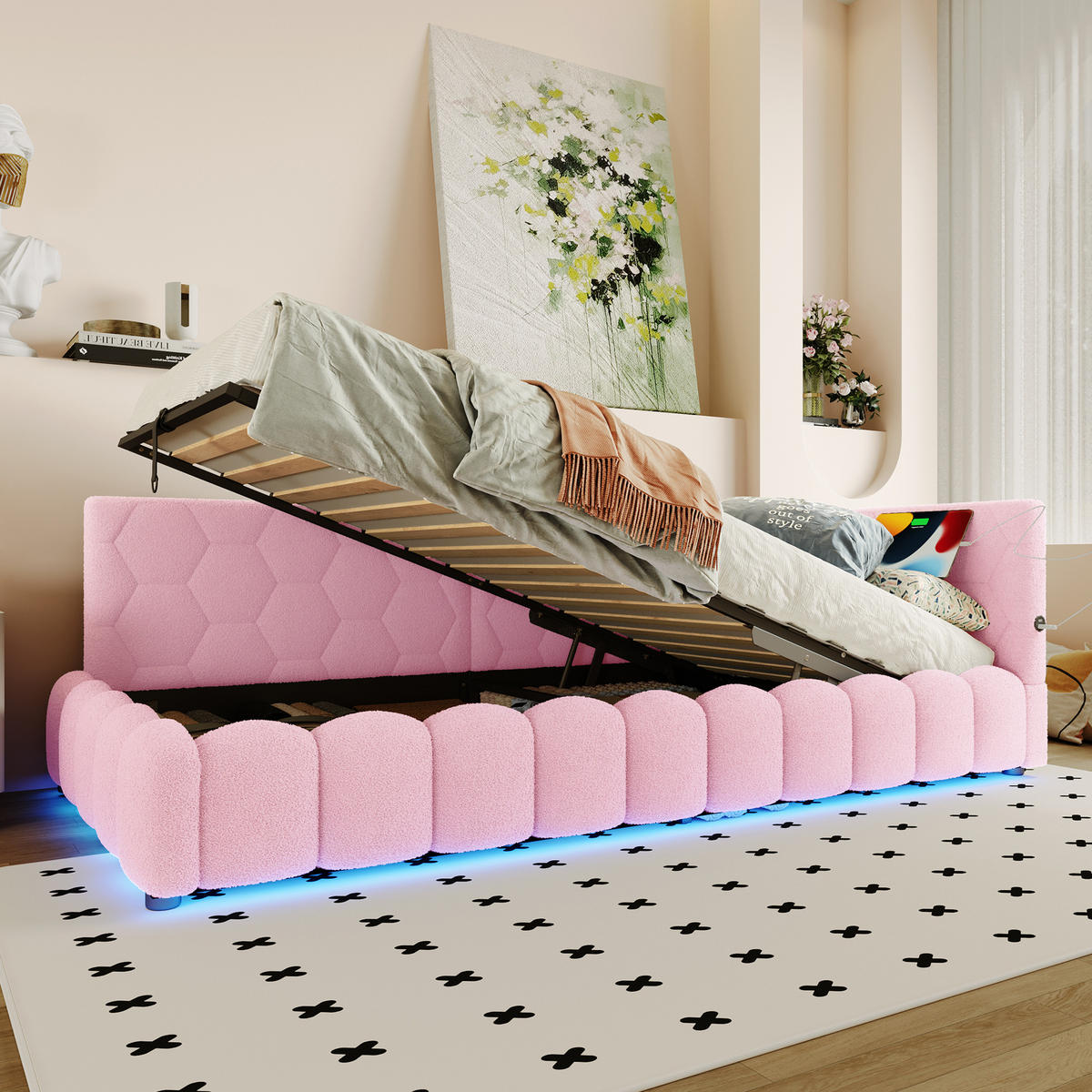 POLSTERBETT mit LED-Beleuchtung 90/200 cm in Rosa mit Bettkasten & USB-C - Rosa, Textil (90/200cm) - BEAOK