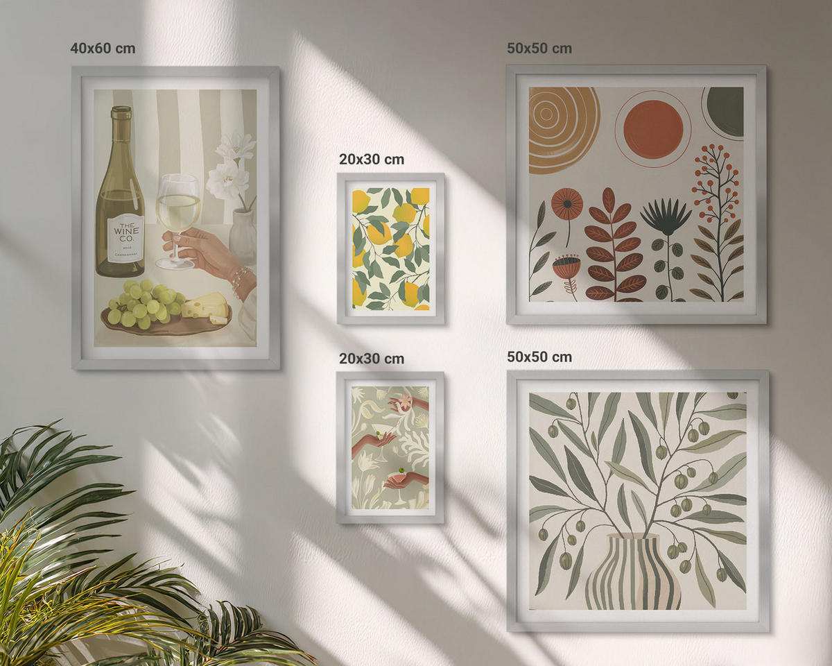 BILDER SET 5er Set - 50x50 cm & 20x30 cm & 40x60 cm Silberner Rahmen - Blumenmuster in Orange und Grün - Silberfarben, Kunststoff (40/60cm) - TULUP