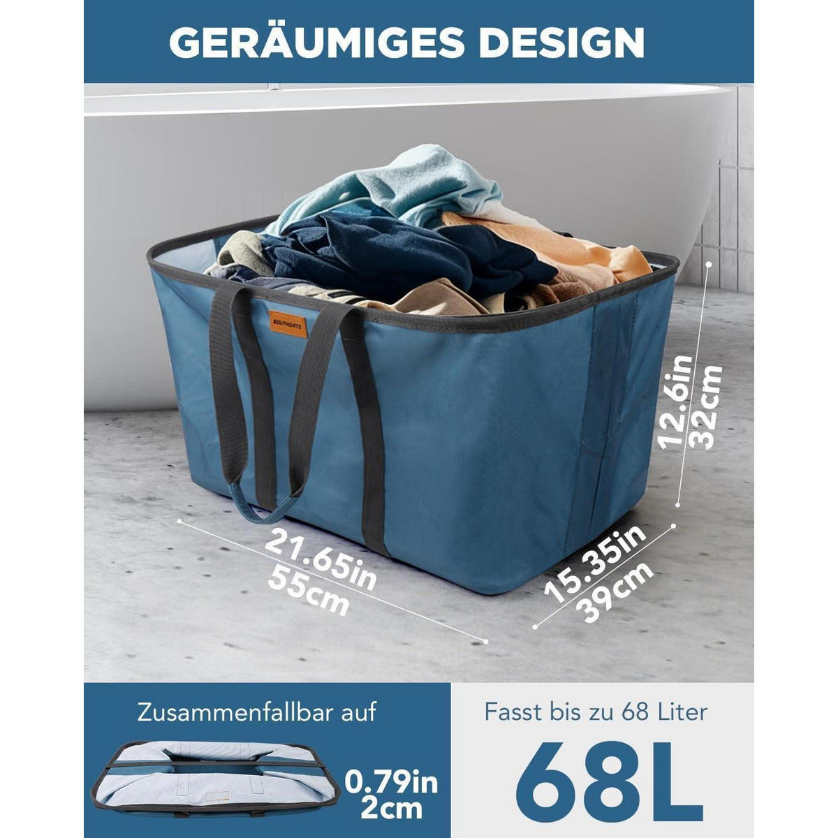 WÄSCHEKORB faltbar 68L extra flach 2 cm Blau - Blau, Textil (39/32/55cm)