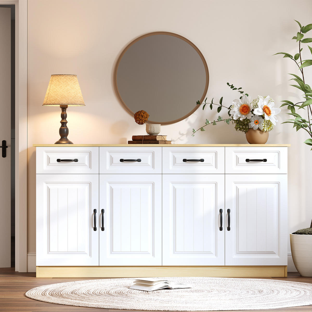 SIDEBOARD Weiß Naturfarben 160/35/80 cm - Weiß, Holzwerkstoff (160/80/35cm) - PANGIVO