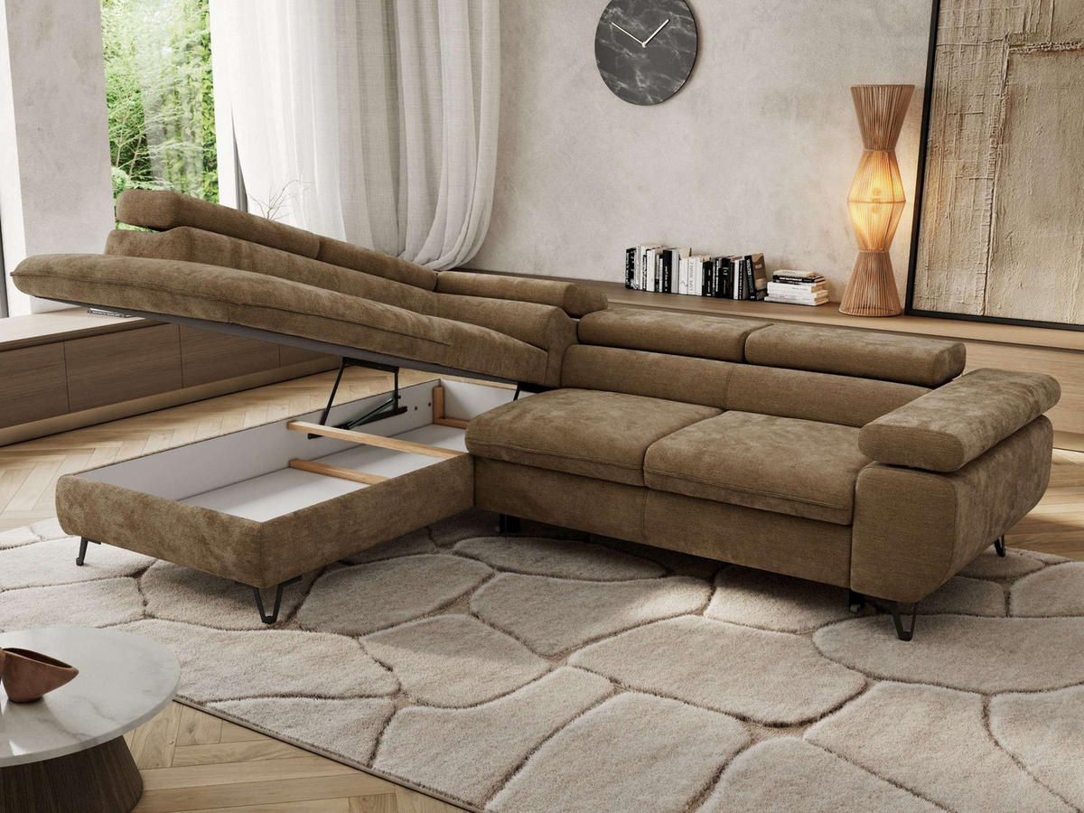 ECKSOFA PABLO L Braun Schenille glatt - Links Seite mit Visco Topper - Schwarz/Braun, Textil/Metall (208/273cm) - MKS