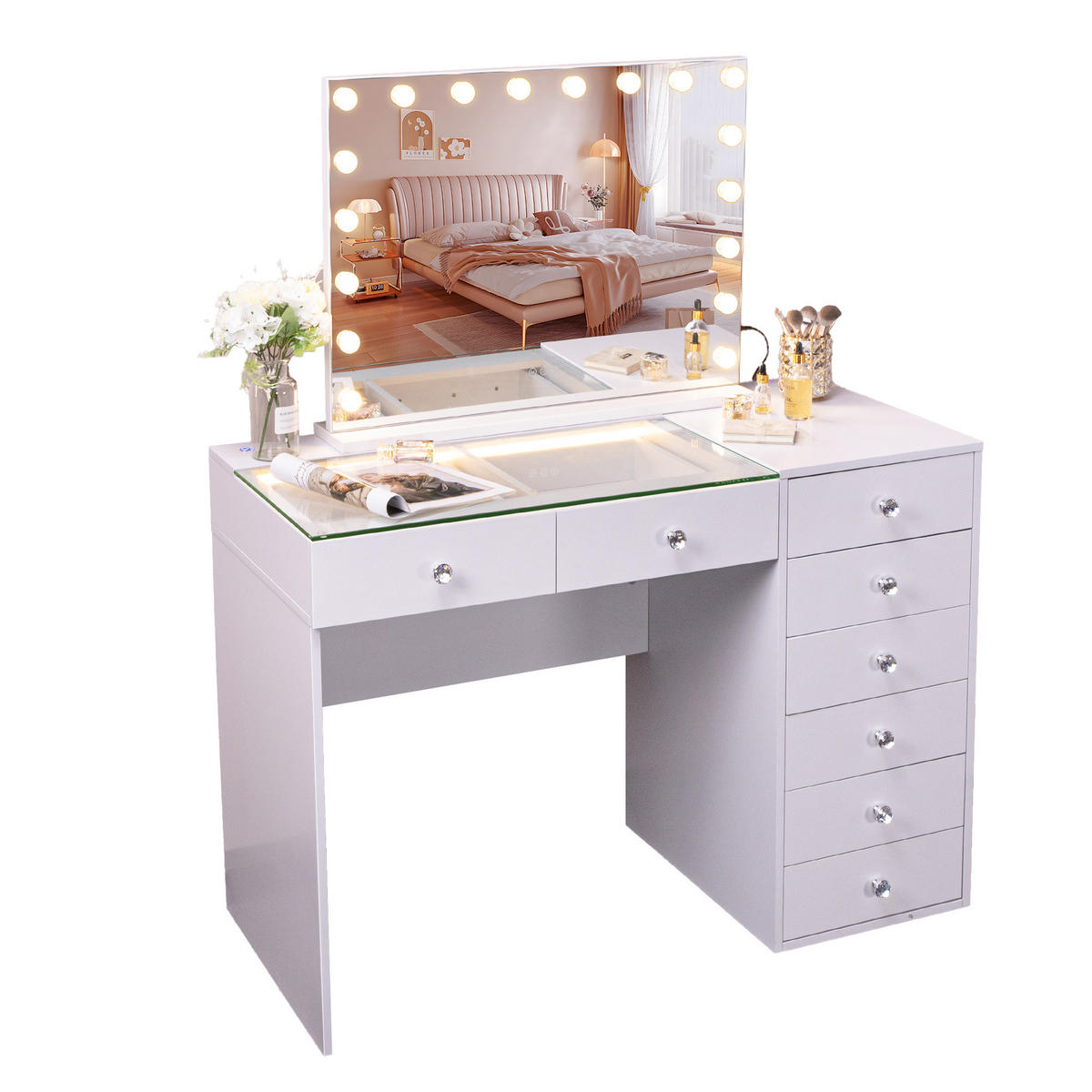 SCHMINKTISCH mit 8 Schubladen 120/55/81 CM und LED Beleuchtung Schminkspiegel Lichtleiste weiß 80/58 cm - Weiß, Holz (55/81/120cm) - VANITII