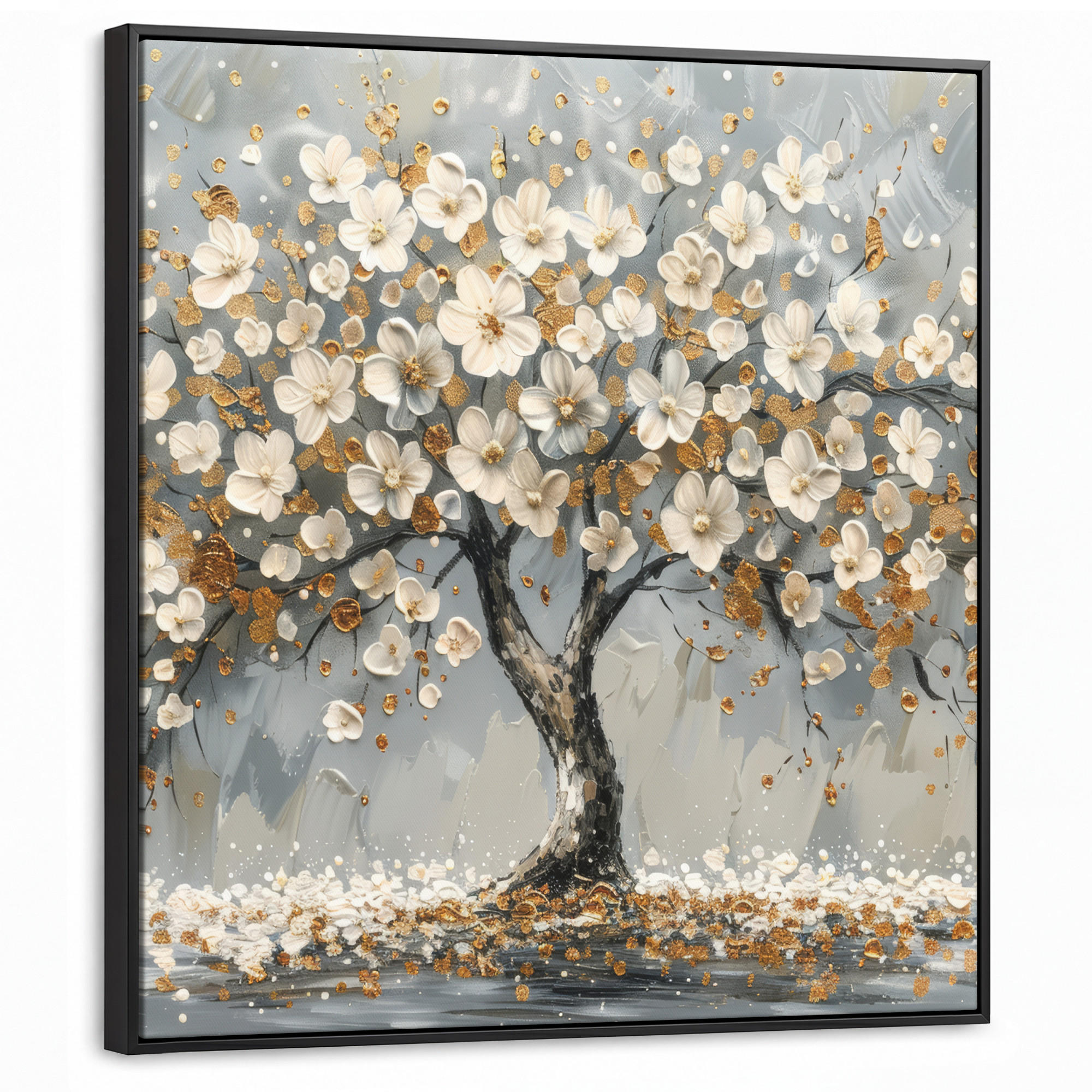 LEINWAND Bilder mit Rahmen - Baum - Blumen - Weiß - Natur - Kunst - 90x90 - Weiß, Textil (90/90cm) - MuchoWow