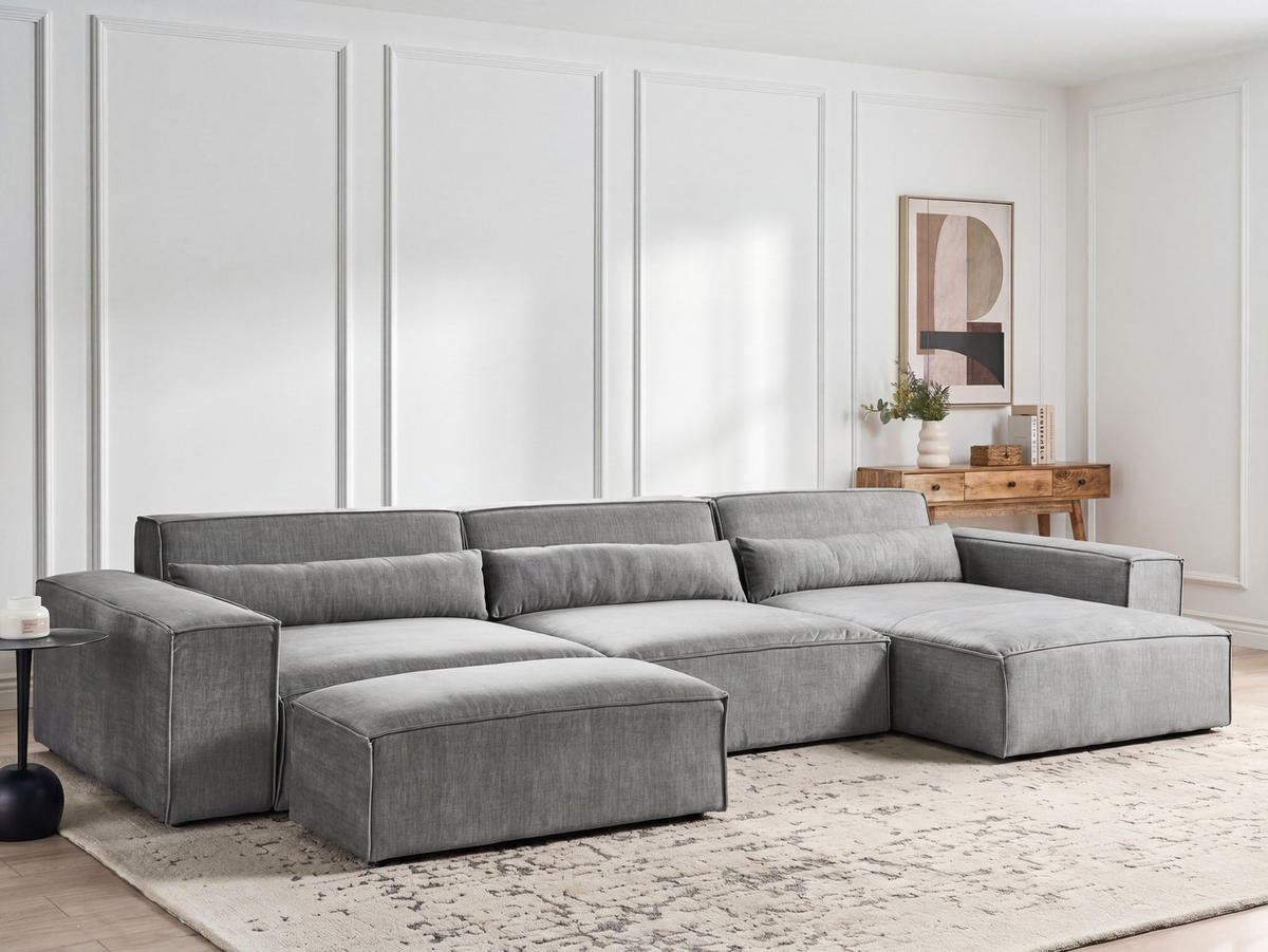 ECKSOFA Modul 4-Sitzer linksseitig Grau Stoff mit Ottomane Hellnar - Dunkelgrau, Textil (364/176cm) - Beliani