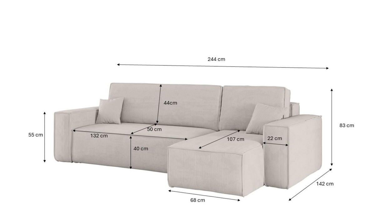 ECKSOFA Mit Schlaffunktion Und Bettkasten BEST Stoff Poso Dicker Cord Beige Rechts - Beige, Holz/Textil (244/142cm) - Kaiser Möbel