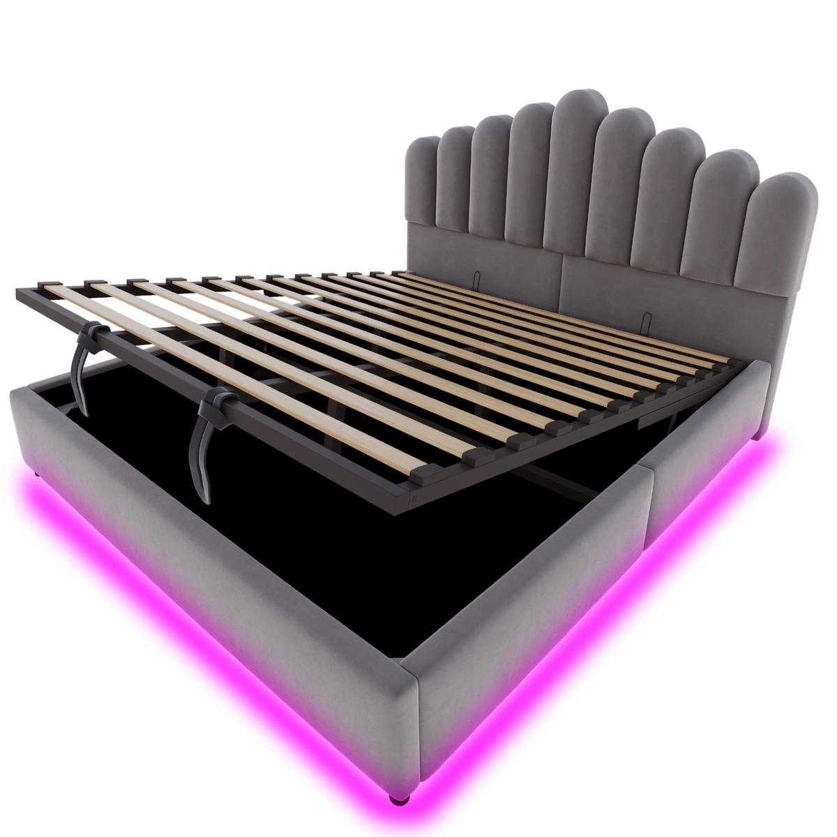 POLSTERBETT 180/200 mit Stauraum, LED-Lichtleiste und voluminösem gepolstertem Kopfteil in Grau - Grau, Holzwerkstoff/Textil (180/200cm) - EVRYAE