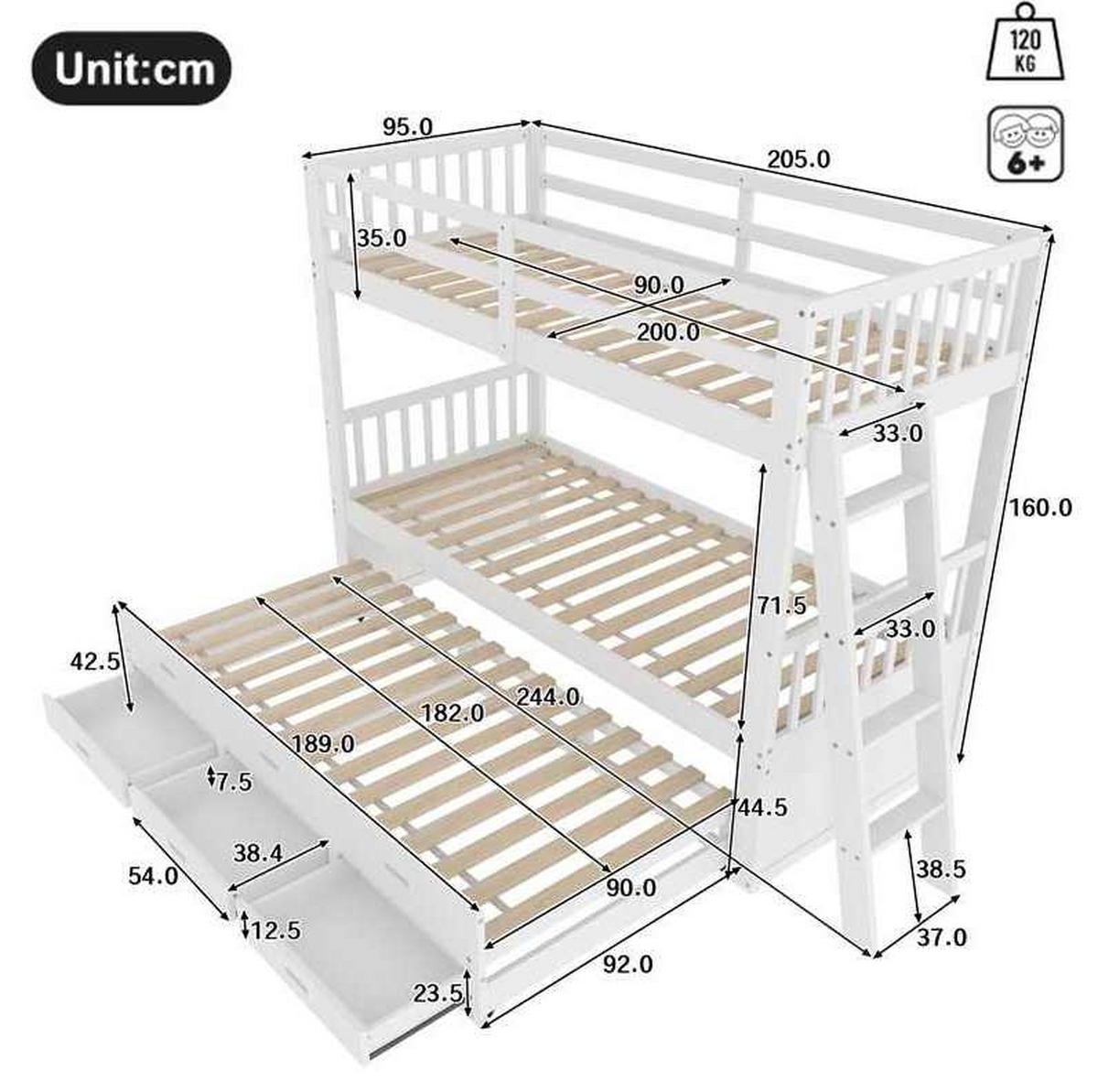 ETAGENBETT 90/200 cm aus Kiefer mit Ausziehbett und 3 Schubladen - Weiß, Holz (90/200cm) - BEAOK