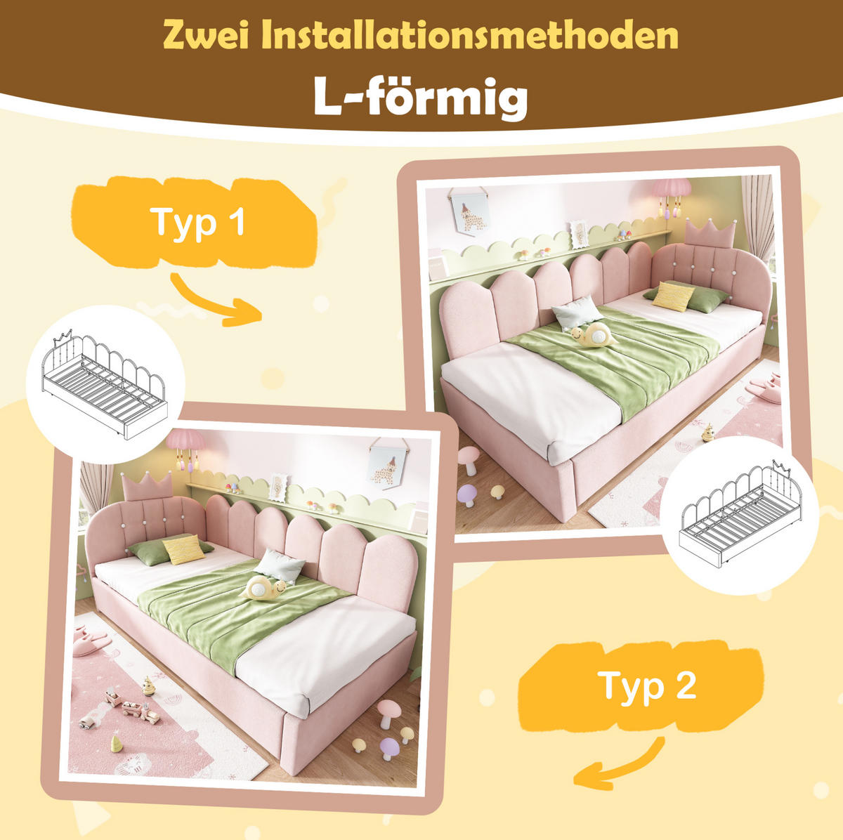 SAMT-POLSTERBETT 90/200 cm mit Ausziehbett und gepolstertem Kopfteil in Rosa - Rosa, Textil (90/200cm) - BEAOK
