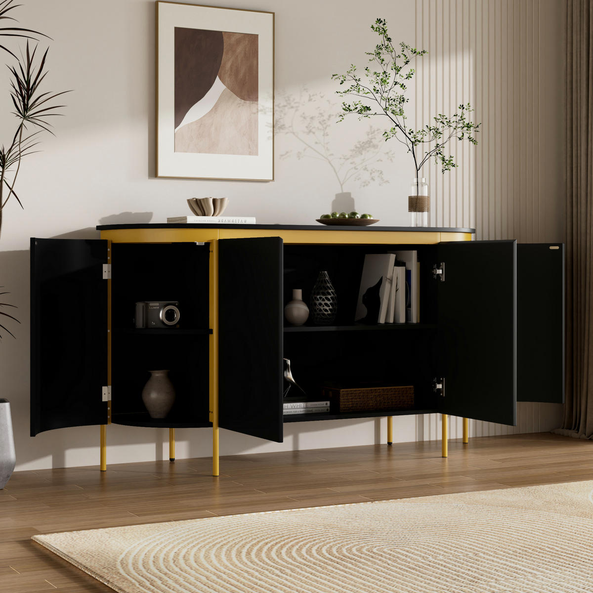 SIDEBOARD Oval 140cm MDF Riffel-Optik 4 Türen Gold-Details - Schwarz, Holzwerkstoff (140/80/38cm) - Urban Meuble