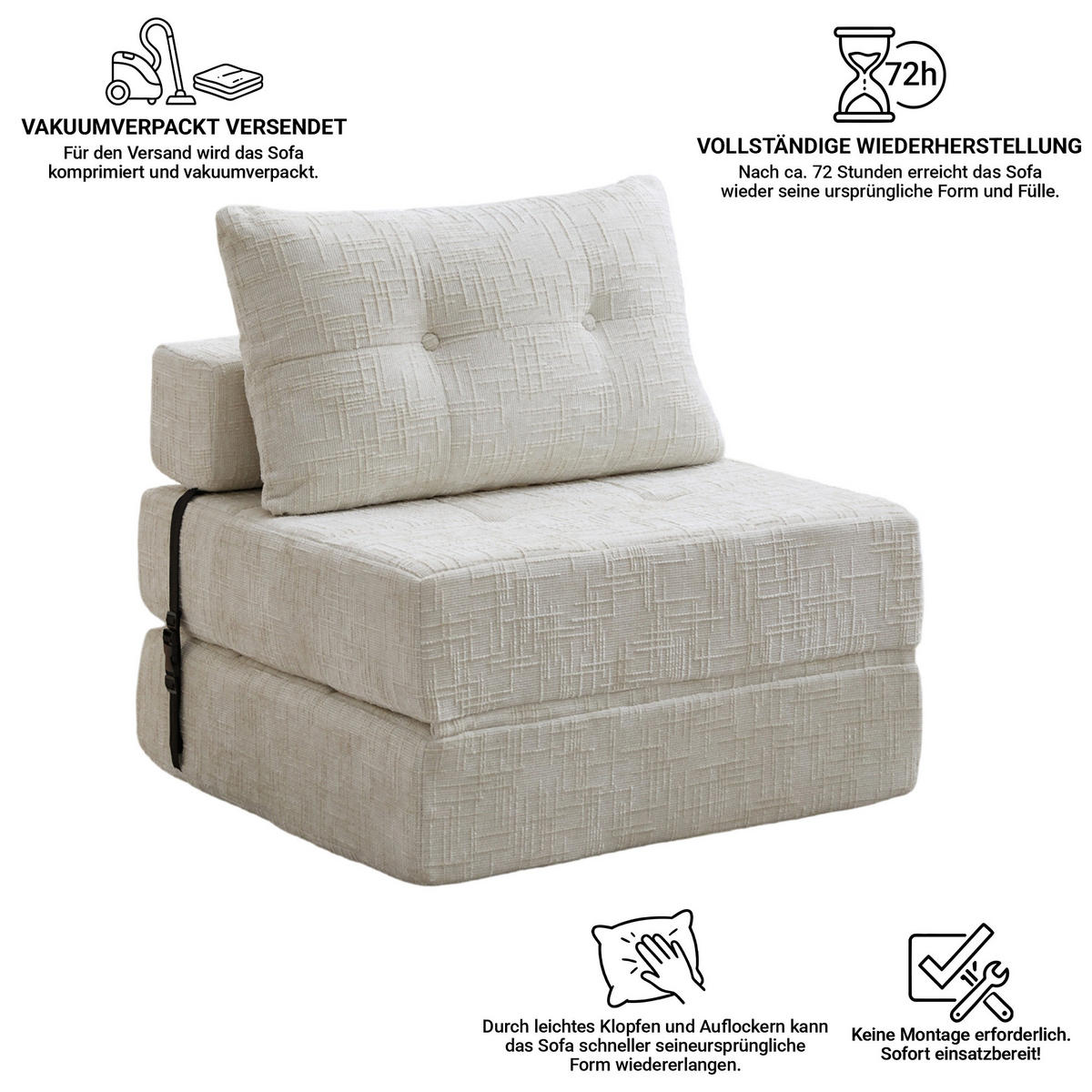 SCHLAFSOFA Beige mit Klappfunktion, Chenille - Beige, Textil/Metall (79/57/79cm) - CHICFURN
