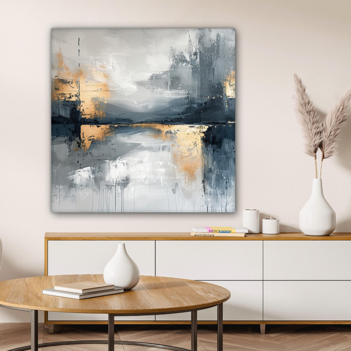 LEINWANDBILD Kunst - Grau - Gold - Abstrakt Deko Groß 90x90 cm - Dunkelgrau, Textil (90/90cm) - MuchoWow