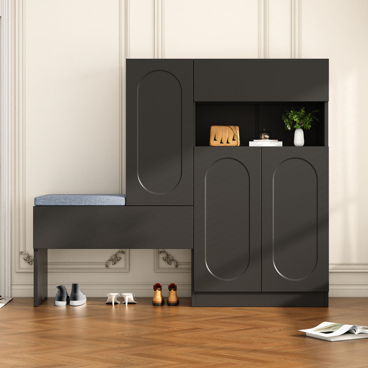 SCHUHSCHRANK aus Spanplatte 130/35/110 cm mit Sitzbank, Sanftschließfunktion und höhenverstellbaren Böden, Schwarz - Schwarz, Holzwerkstoff (130/110/35cm) - Redom