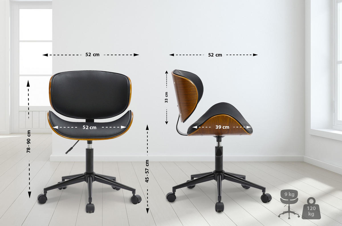 DREHSTUHL Lederlook schwarz - Schwarz, Textil/Metall (52/78/52cm) - CLP