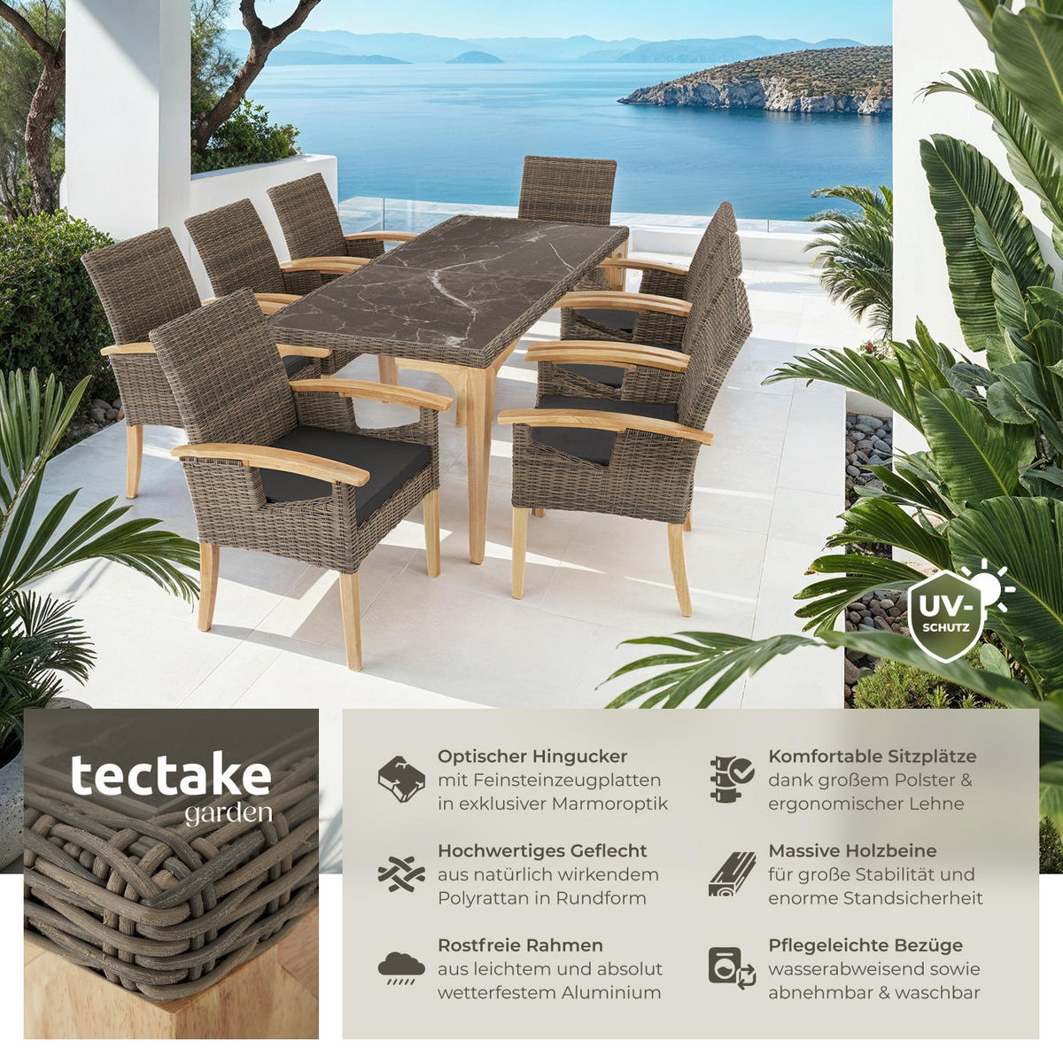 GARTENTISCH Foggia mit 8 Stühlen Rosarno, Armlehnen und Beine aus Holz, natur - Naturfarben, Kunststoff - tectake