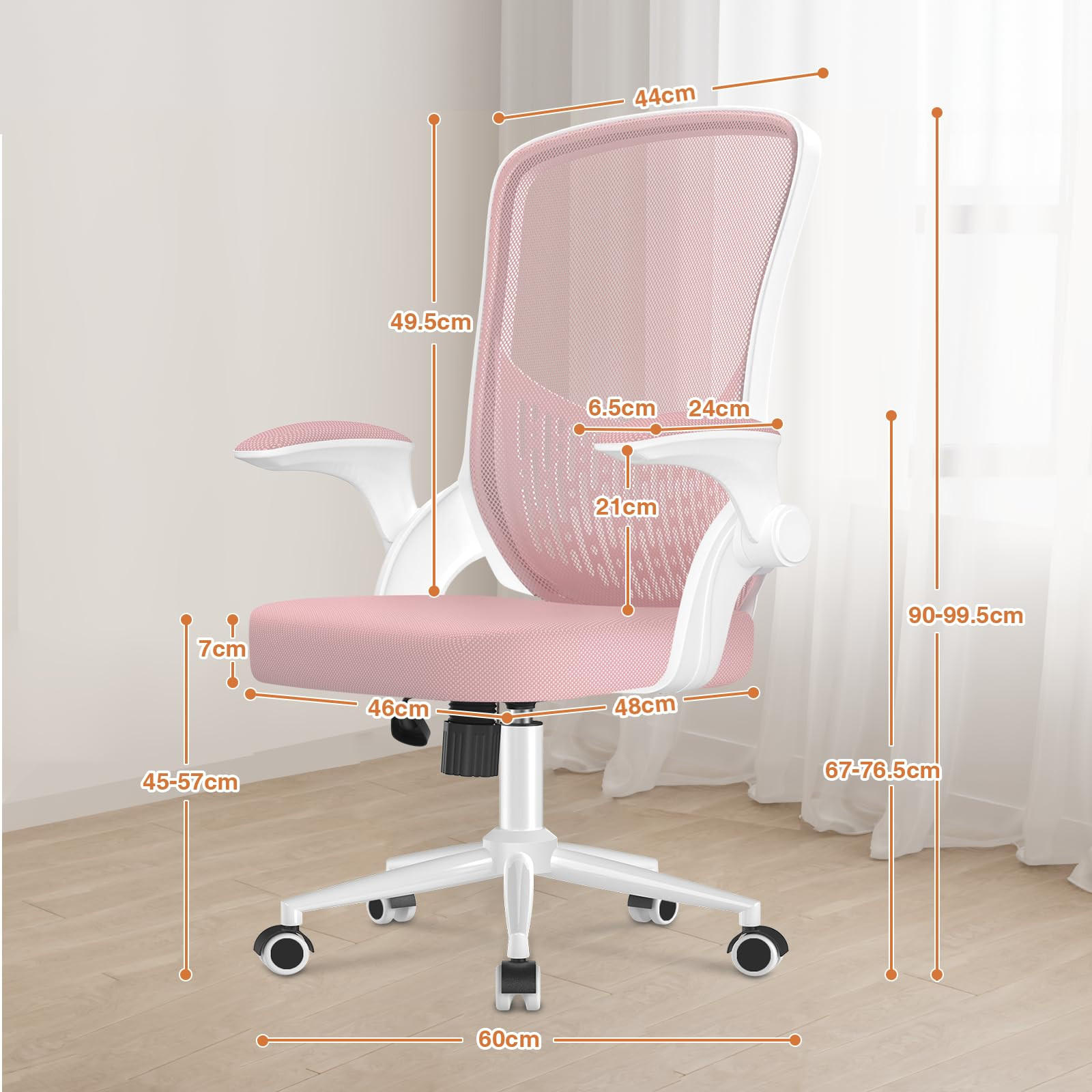 BÜROSTUHL ergonomisch, klappbare Armlehnen, mittelhohe Rückenlehne, Lendenstütze – Rosa - Pink, Metall (60/100/60cm) - Rattantree