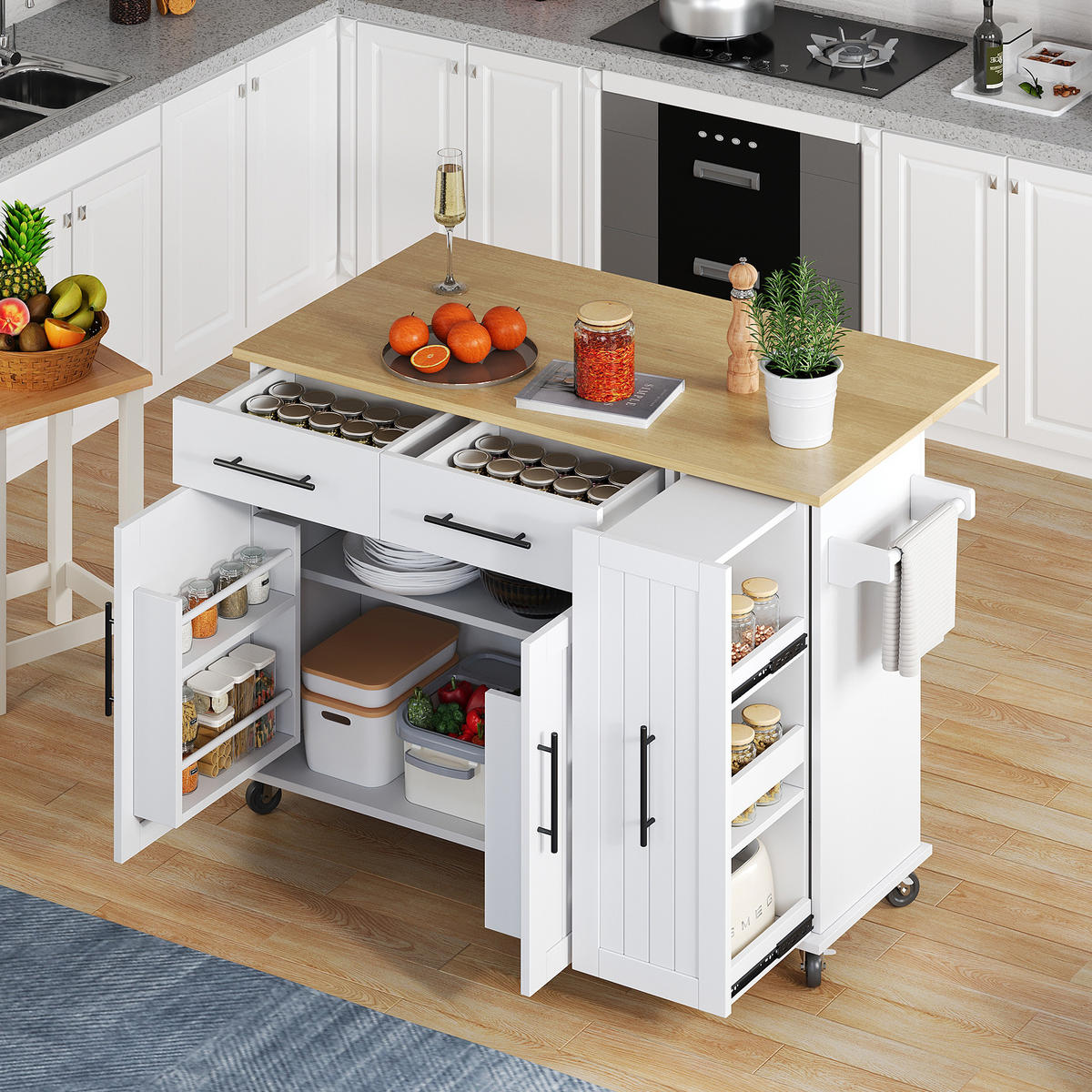MOBILER Kücheninselwagen 120x65x90cm Weiß mit Auszug, Klappplatte & 5 Rollen - Weiß, Holzwerkstoff (120/90/65cm) - Modfu