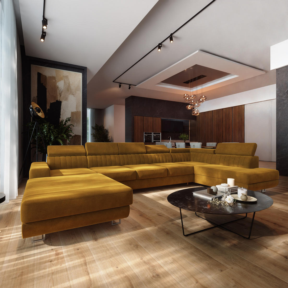 WOHNLANDSCHAFT GAIAN Gelb Velours-Stoff mit Schlaffunktion - Gelb, Holz (412/88/190cm) - MASSENO