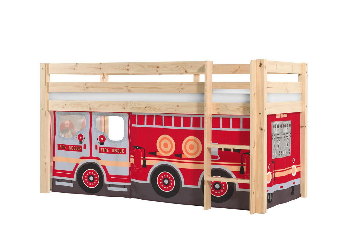 KINDERBETT Karolina 210x114x106 Massivholz Natur Textilset Feuerwehr - Kieferfarben/Dunkelrot, Holz (90/200cm) - 58aufmkessel