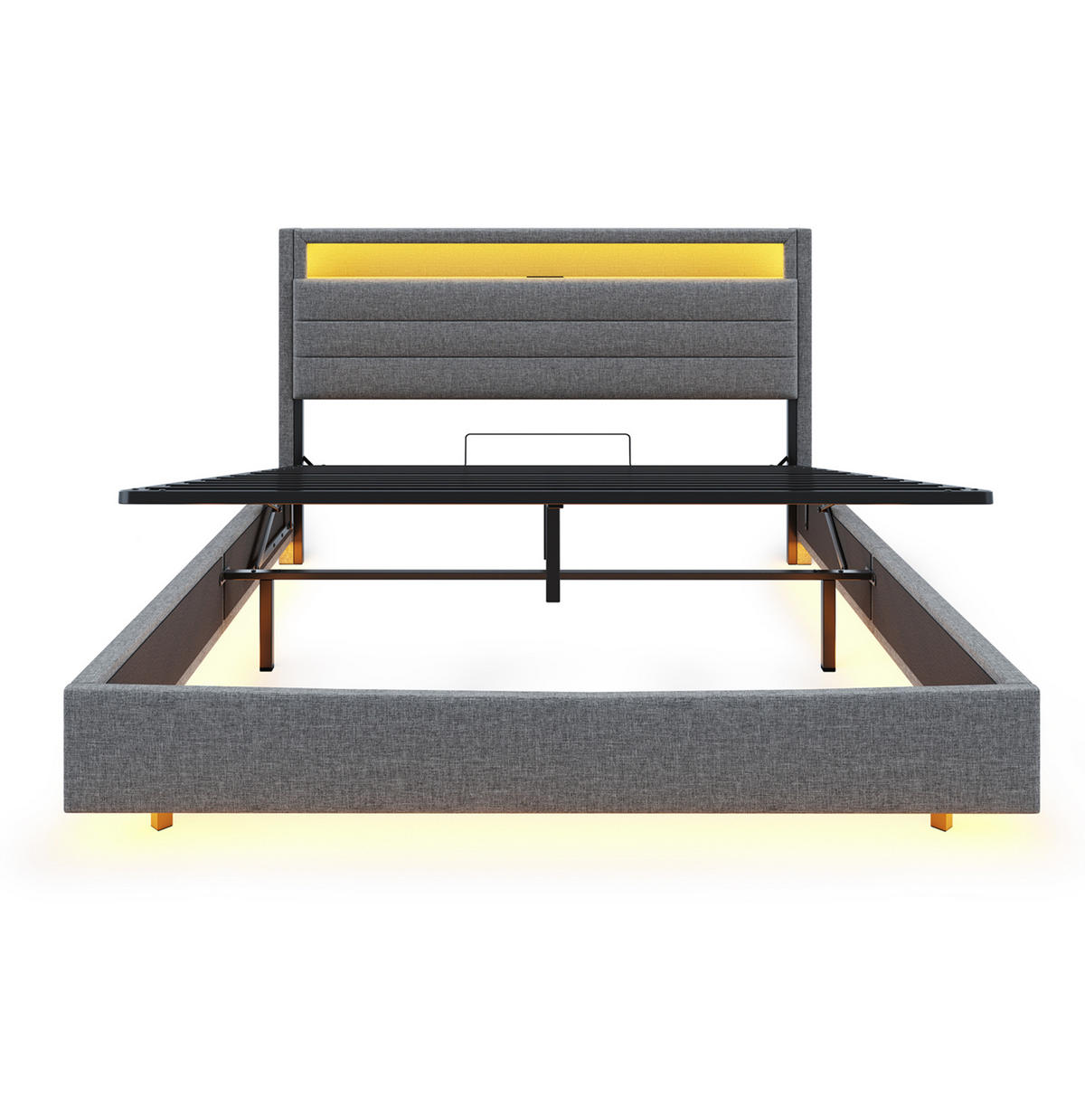 POLSTERBETT aus Leinen 160x200 cm Grau mit hydraulischem Stauraum, LED-Beleuchtung und USB-Anschluss - Grau, Textil (160/200cm) - IVMEU