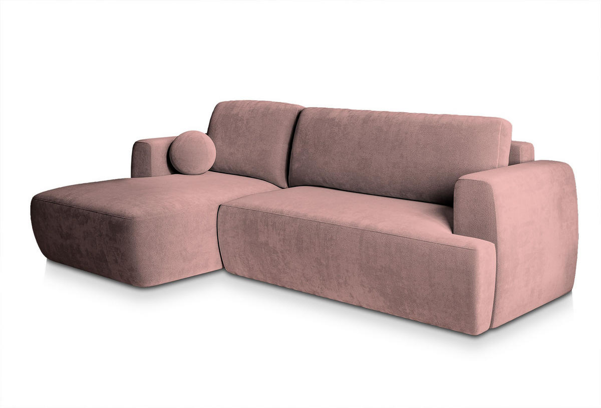 ECKSOFA SENTI K L-S Rosa Plüsch-Stoff mit Schlaffunktion - Rosa, Holz (246/148cm) - MASSENO