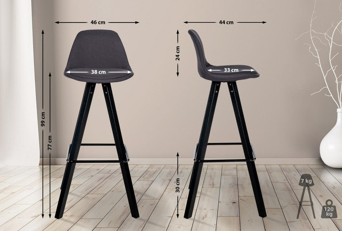 BARHOCKER PALMA Dunkelgrau Stoff Schwarz - Dunkelgrau, Holz/Textil (38/99/44cm) - DELUKE