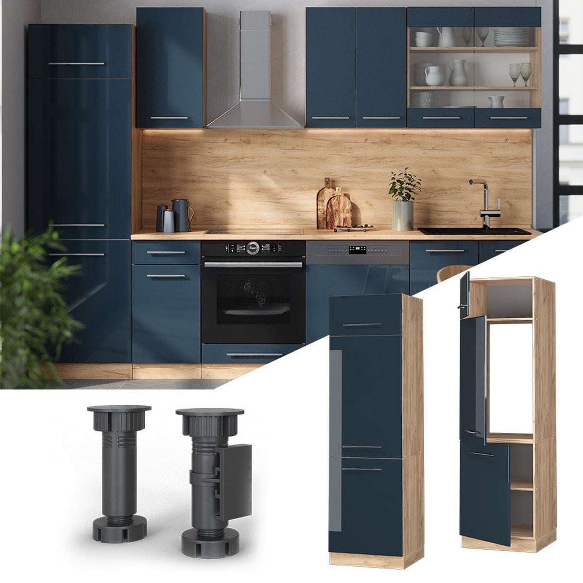 OHIŠJE ZA HLADILNIK Fame-Line Temno modra z visokim sijajem 60 cm - medeni hrast/temno modra, leseni material (60/206.8/58.1cm) - Vicco