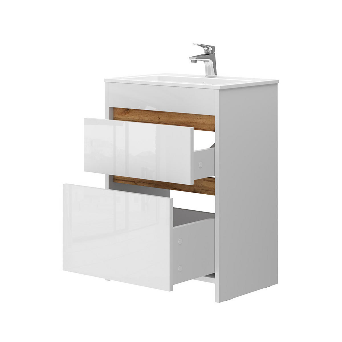 WASCHTISCHKOMBI Detmold, Weiß, 2 Teile, Unterschrank 60 cm - Weiß Hochglanz/Eiche Wotan, Holzwerkstoff (59.6/81.9/40cm) - Vicco