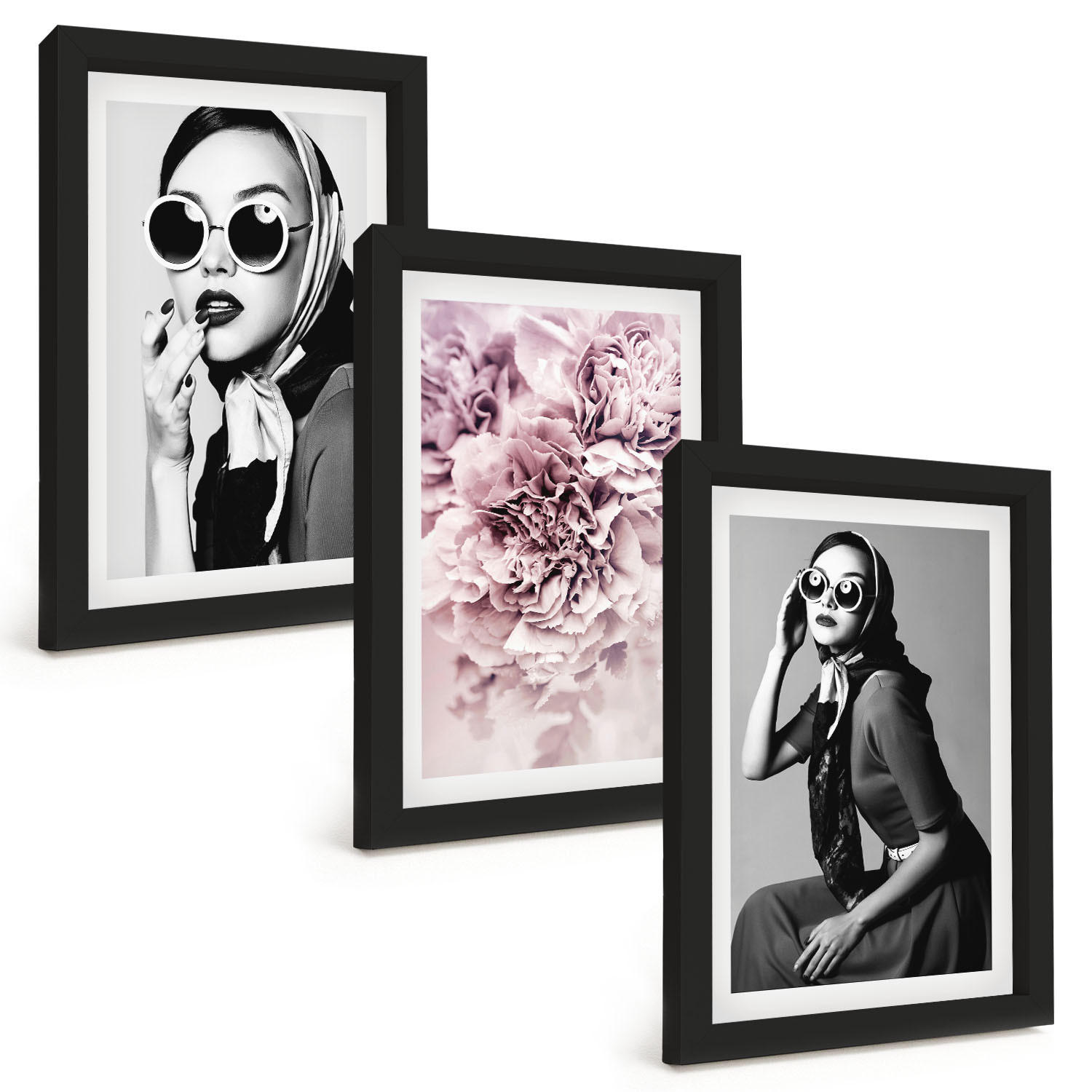 BILDER SET 3er Set - 20x30 cm Schwarzer Rahmen - Stilvolle Porträts von Frauen mit Blumen - Schwarz, Kunststoff (20/30cm) - TULUP