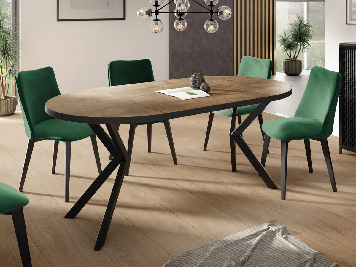 ESSTISCH Vincento runder ausziehbar, Lefkas Eiche 120-200/120/76 cm - Alteiche/Schwarz, Holzwerkstoff/Metall (120/120/76cm) - WFL GROUP