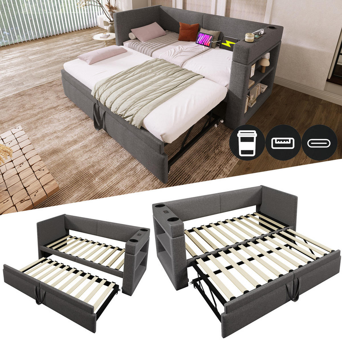 TAGESBETT 90x200cm Einzelbett Schlafsofa Ausziehbett USB-C Getränkehalter Grau - Grau, Holz (98/74/217cm) - FLIEKS