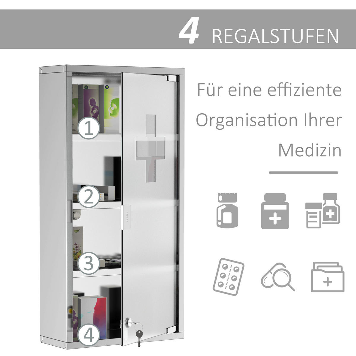 MEDIZINSCHRANK, Erste Hilfe, mit Schloss, Edelstahl, 30 x 12 x 60 cm - Silberfarben, Glas (12/60/30cm) - HOMCOM