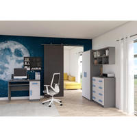 JUGENDZIMMER Elora in Grau und Weiß – 4-teiliges Set mit Schreibtisch, Kommode, Wandregal und Schrank – Grifffarbe Blau - Grau, Holzwerkstoff (80/200/120cm)