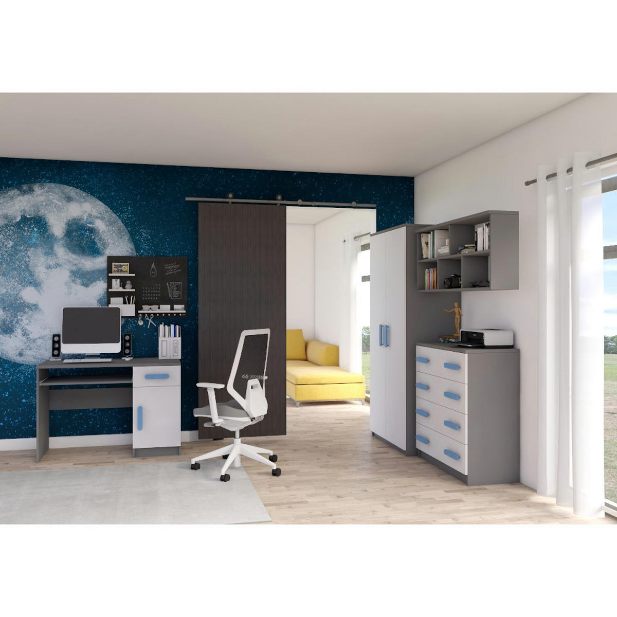 JUGENDZIMMER Elora in Grau und Weiß – 4-teiliges Set mit Schreibtisch, Kommode, Wandregal und Schrank – Grifffarbe Blau - Grau, Holzwerkstoff (80/200/120cm)