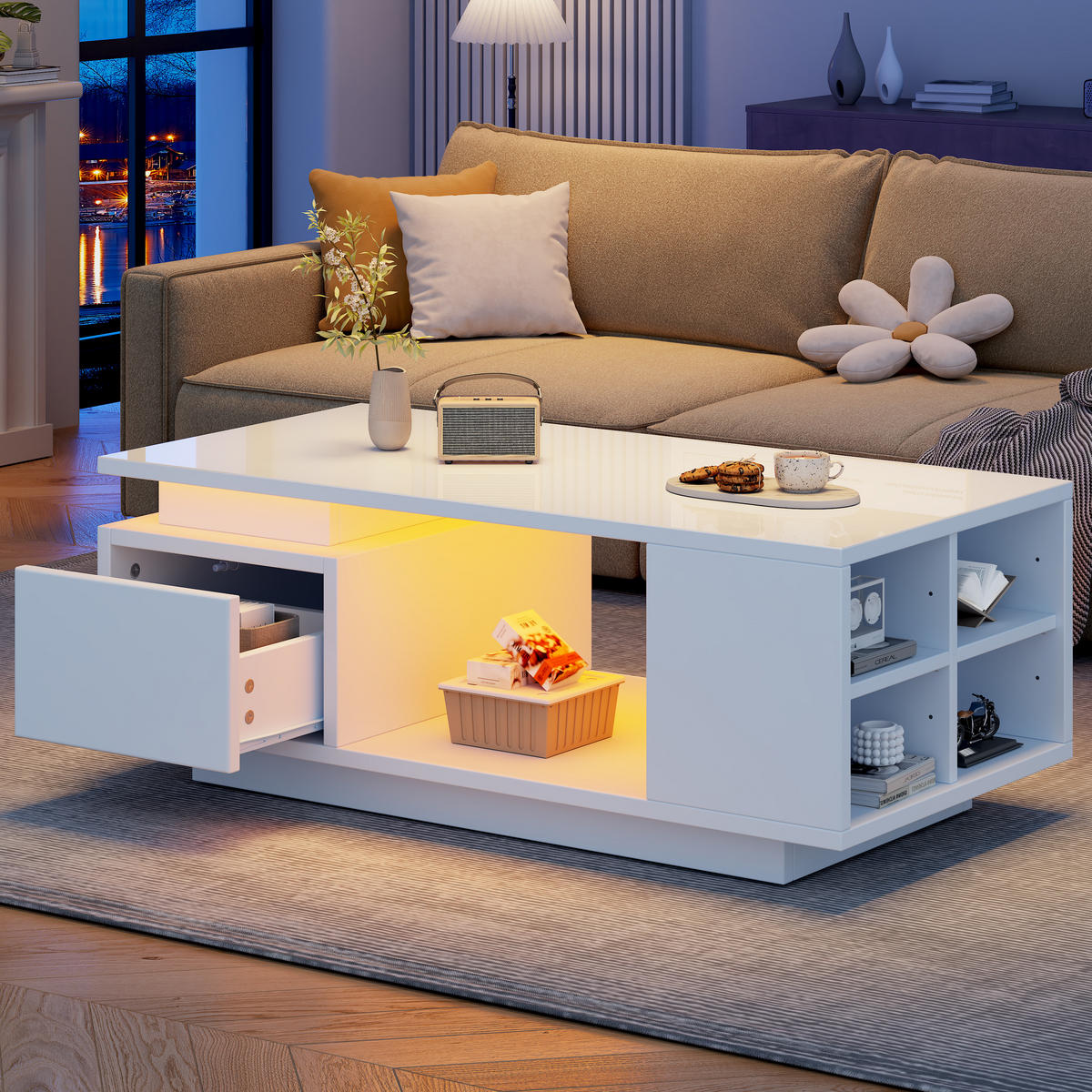 COUCHTISCH LED Weiß 1 Schublade 4 Ablagefächer 100x50x36cm - Weiß, Holzwerkstoff (100/50/36cm) - FLIEKS